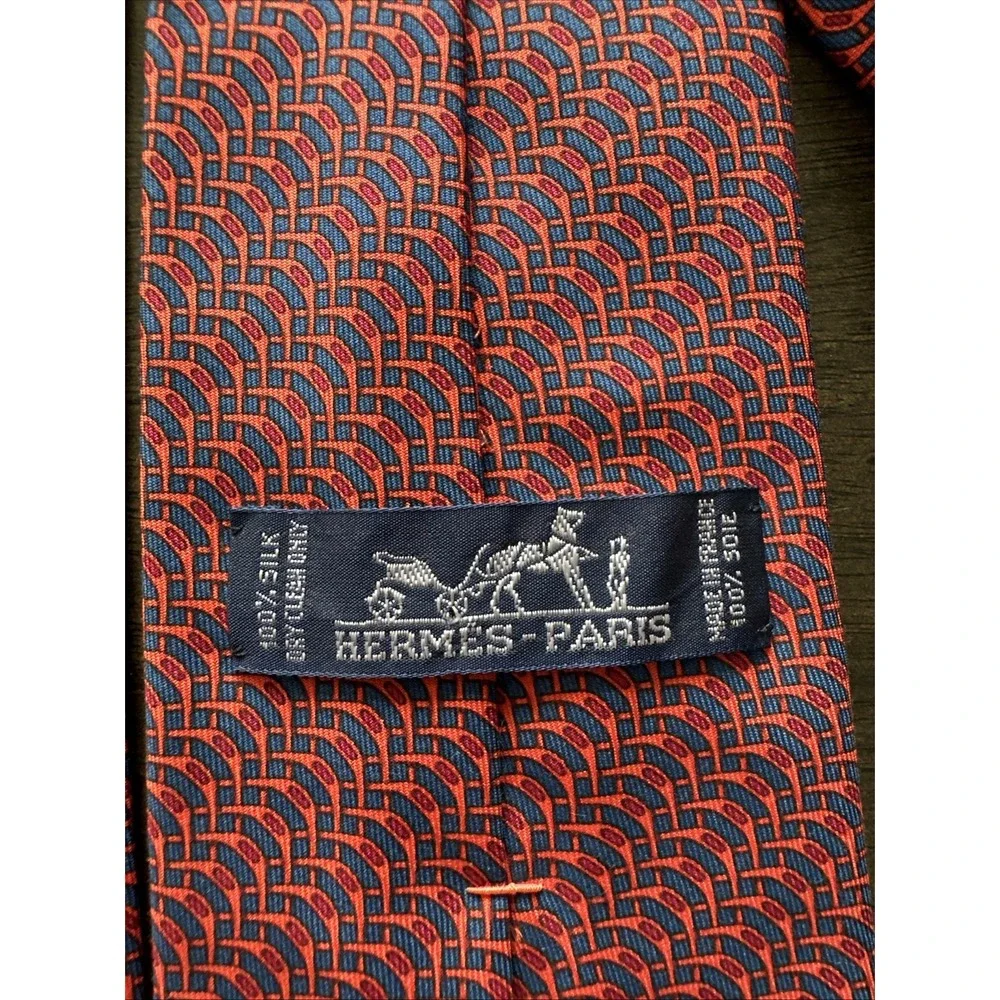 Hermès Blue Orange Geometric 100% Silk Men's Designer Woven Tie Logo Accent